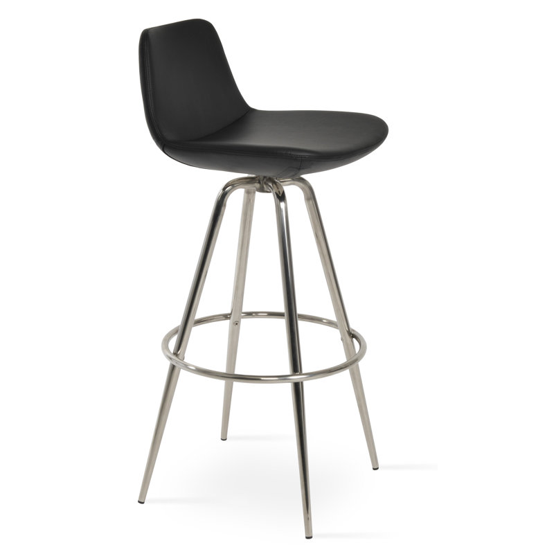 Tabouret pivotant Pera Max, Poli, Simili cuir noir, Tabouret de comptoir (siège d’une hauteur de 24