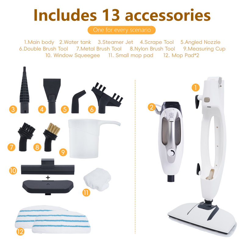 Gleehill 10-in-1 1550W Fast Heat Steam Mop  with Detachable Handheld Steamer for Multi-Surface Home Cleaning，silver