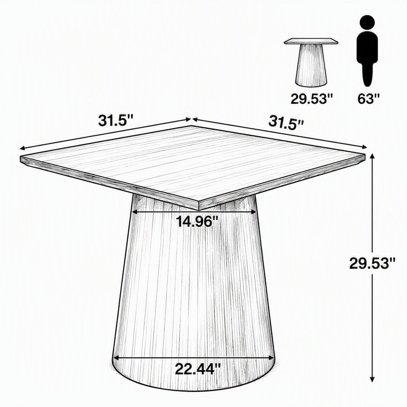 Table de salle à manger carrée de 80 cm (31,5 po) pour 2 à 4 personnes, style moderne du milieu du siècle, avec pied central.