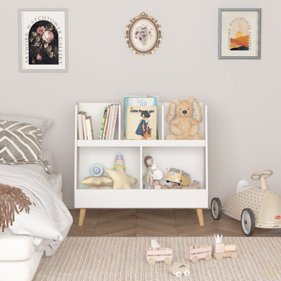 Kids Bookshelf And Toy Organizer, 5 Cubbies Wooden Open Bookcase, 2-Tier Baby Storage Display Organizer With Legs, Free Standing For Playing Room, Bedroom, Nursery, Classroom