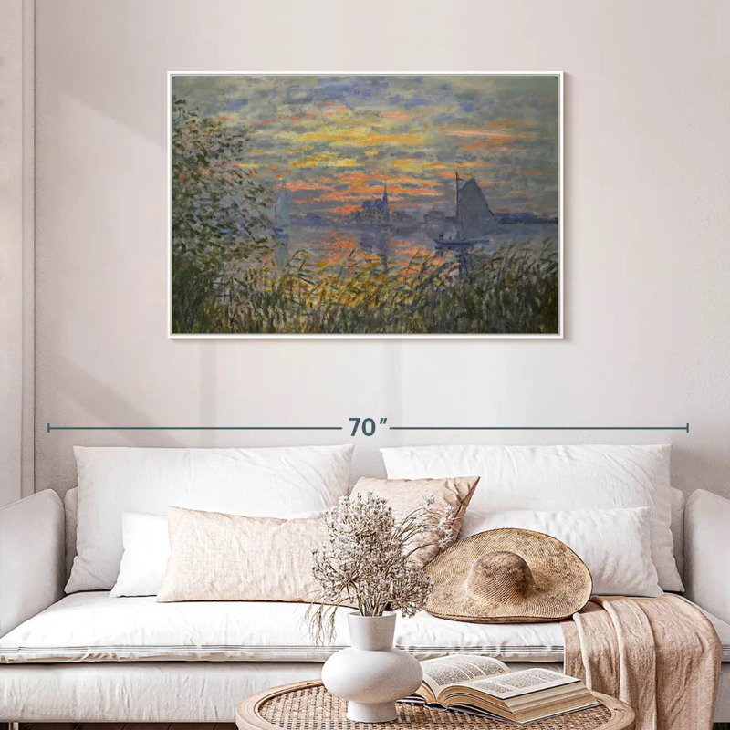 Vue marine avec coucher de soleil, Cadre flottant blanc, 43 po x 29 po