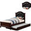 Lit simple avec lit gigogne de style contemporain, couleur cerise foncée, contreplaqué de pin et tête de lit en simili cuir noir avec placage de bouleau