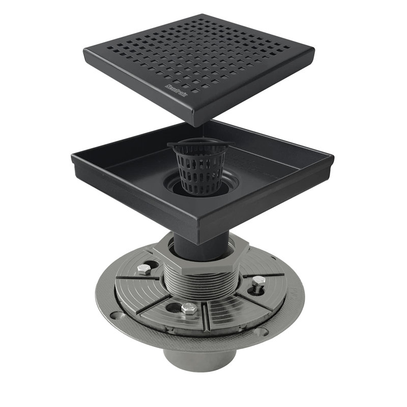 6 In. X 6 In. Stainless Steel Square Shower Drain With Square Pattern Surface And PVC Drain Base, Matte Black