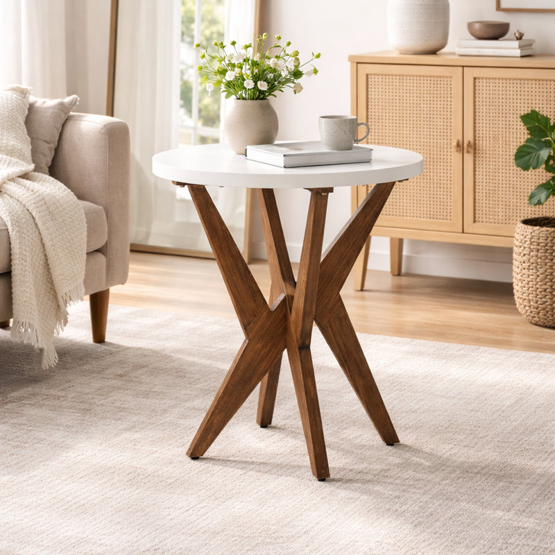 Jahey Wooden Crossed Legs Round End Table with Smooth Top and Sturdy Four-Leg Base, White Top/Brown Base, 1