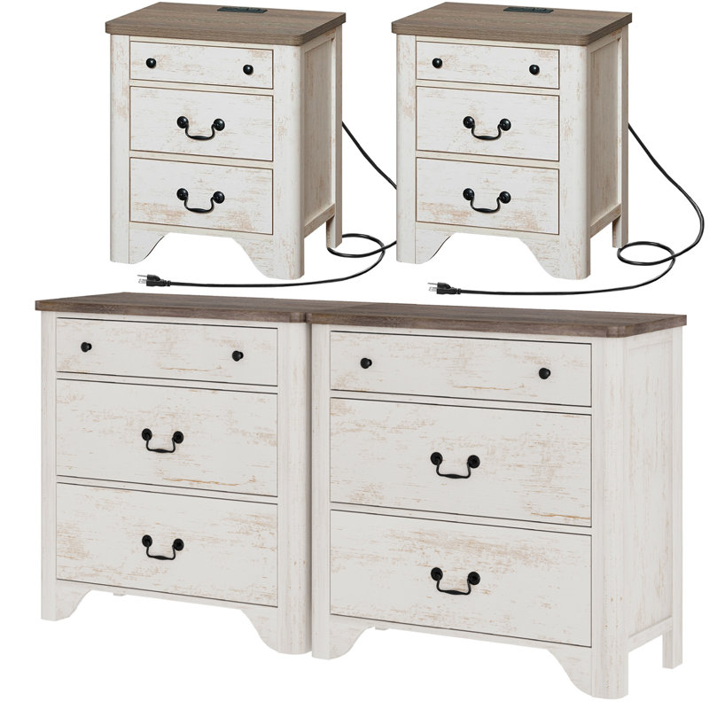 Ensemble de commode et table de chevet 6 tiroirs Modern Minimalist, ensemble de chambre à coucher 4 pièces, commode en bois, tables de bout avec station de charge