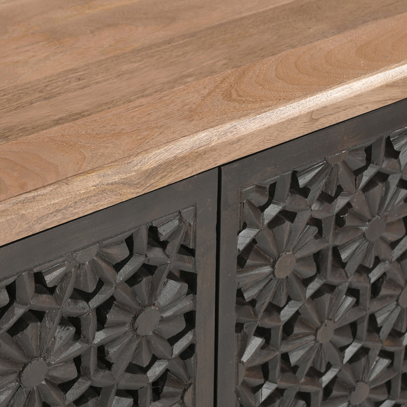 Regina Mango Wooden 2 Shelved Double-Doored Cabinet Sideboard - Decorative Floral Lattice Design