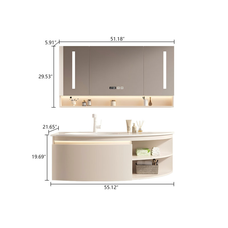 Meuble-lavabo mural 55,12 po en bois d'hévéa massif avec miroir, 55"