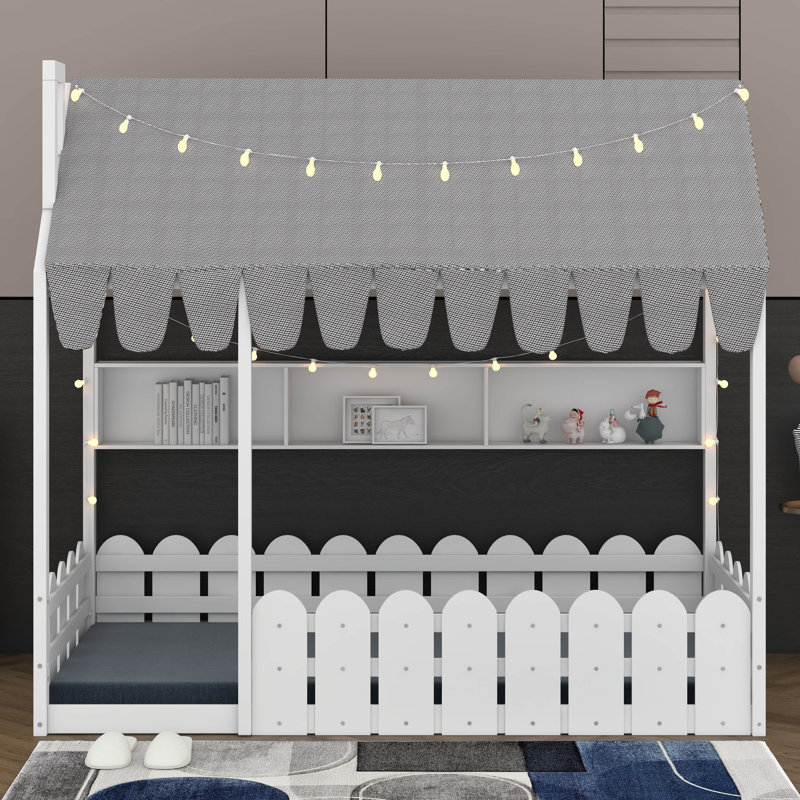 Lit simple au sol avec garde-corps, lit simple avec tente, lumières et 3 tablettes de rangement, Blanc
