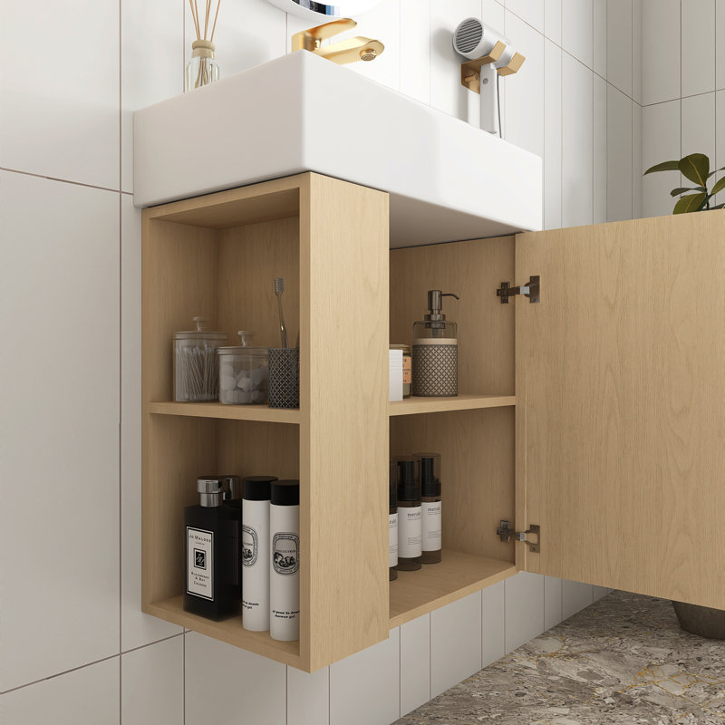 21.6" Floating Bathroom Vanity With Ceramic Basin And Left Side Storage In Wood