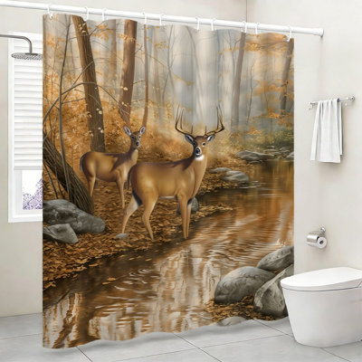 Rideau de bain beige à motif cerf des bois, 180 x 180 cm, avec crochets