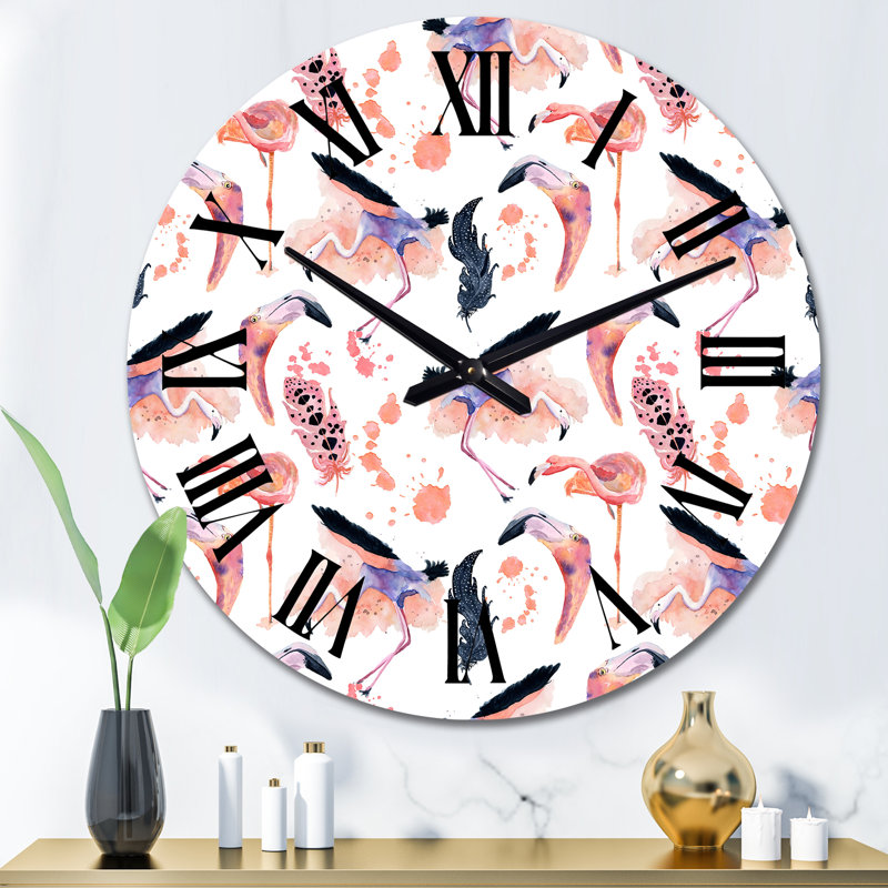 Horloge murale à motif flamant rose sur fond blanc I, Moyen
