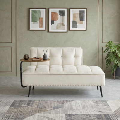 Modern Velvet Upholstered Sofa with 360° Rotating Side Table, Wooden Frame, Block Pattern and Copper Nailhead Trim