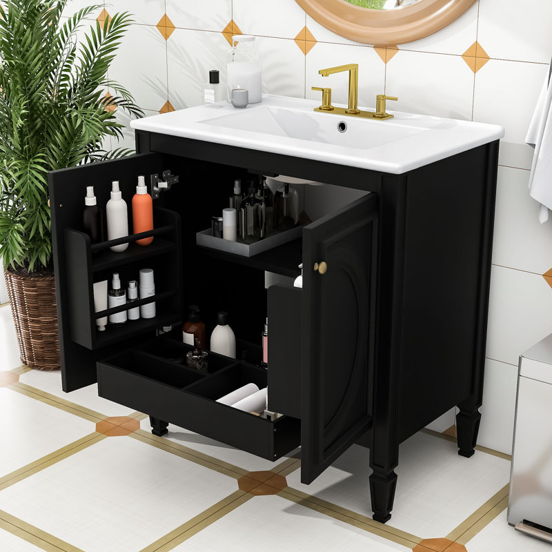 Meuble-lavabo autoportant avec lavabo lisse et tiroir fonctionnel, Noir