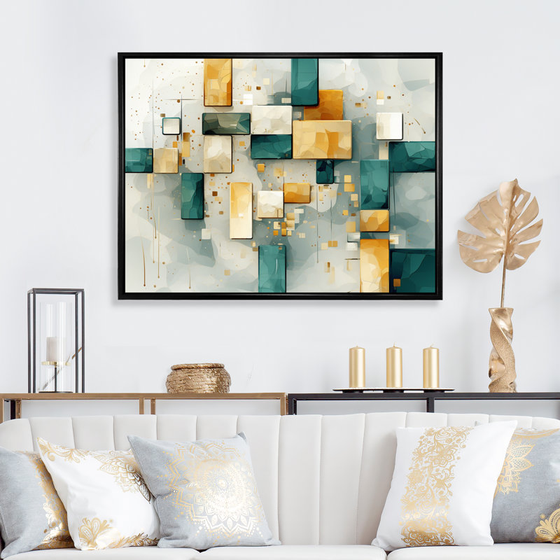 Motif géométrique rétro bleu sarcelle - impression, H 30 po x l 40 po x P 1,5 po, Cadre flottant noir