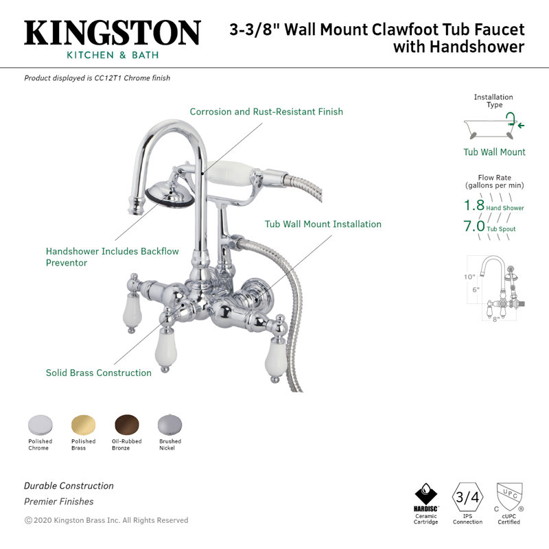 Kingston Brass Vintage Three-Handle 2-Hole Tub Wall Mount Clawfoot Tub Faucet with Hand Shower, Oil Rubbed Bronze