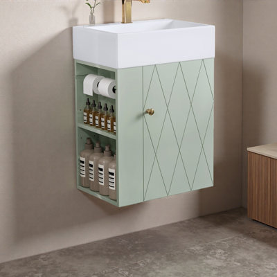 Meuble-lavabo de 20 po avec lavabo en céramique, porte à motif de losanges, poignée dorée et tablettes de rangement latérales