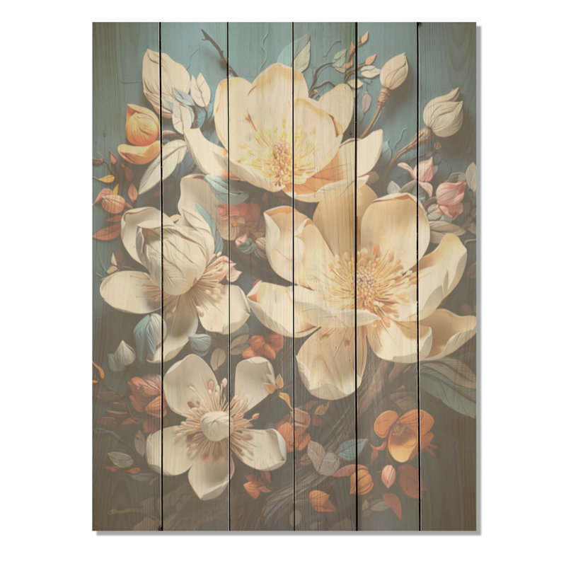 Magnolia beige et fleurs roses I - art mural en bois de magnolia sur bois de pin naturel, H 20 po x l 10 po