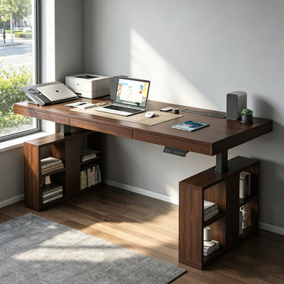 Bureau électrique à hauteur réglable moderne et minimaliste brun foncé, système de levage à brancher avec armoires et tiroirs de rangement, plateau de table plat épais et solide et cadre en acier robuste, universel pour de multiples cas de figure