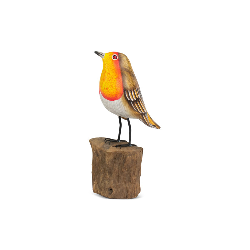 Wood European Robin Figurine â€“ Hand Carved Songbird Sculpture, Rustic Bird Decor on Driftwood Base