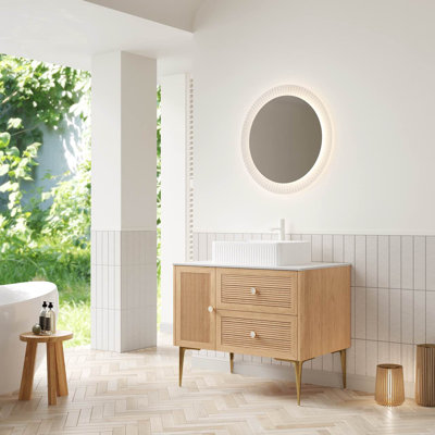 Meuble-lavabo avec évier Munin, armoire de rangement autoportante en contreplaqué avec 4 pieds en métal, une porte et 2 tiroirs, lavabo rectangulaire en céramique blanche, sans robinet, pré-assemblé, couleur grain de bois de chêne