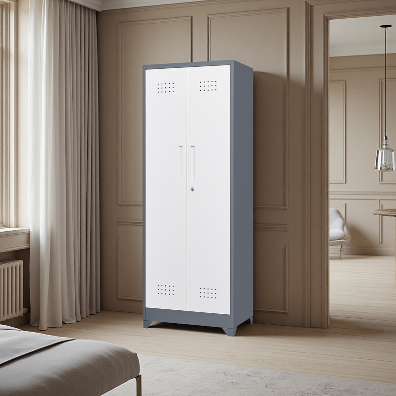 Metal Lockers, Cleaning Tool Cabinets With Locking Doors, High Broom Tool Storage Cabinets, Adjustable Shelves, Gray/White