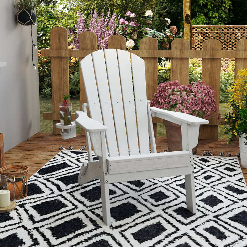 3-Piece Outdoor HDPE Adirondack Seating Set – 2 Foldable Patio Chairs With Cup Holders & 2-Tier End Table, All-Weather Poly Lumber Furniture For Porch, Backyard, Deck & Pool Area