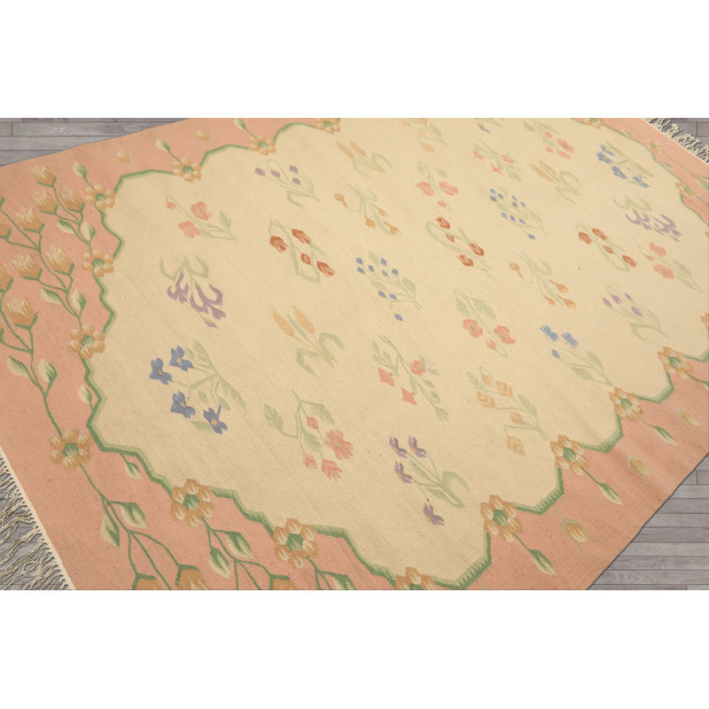 Tapis transitionnel en laine tissé à la main ivoire 5 pi 11 po x 8 pi 11 po Kilim