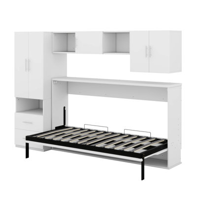 Twin Size Murphy Bed With Drawers And Open Shelves,Built-In Wardrobe And Table
