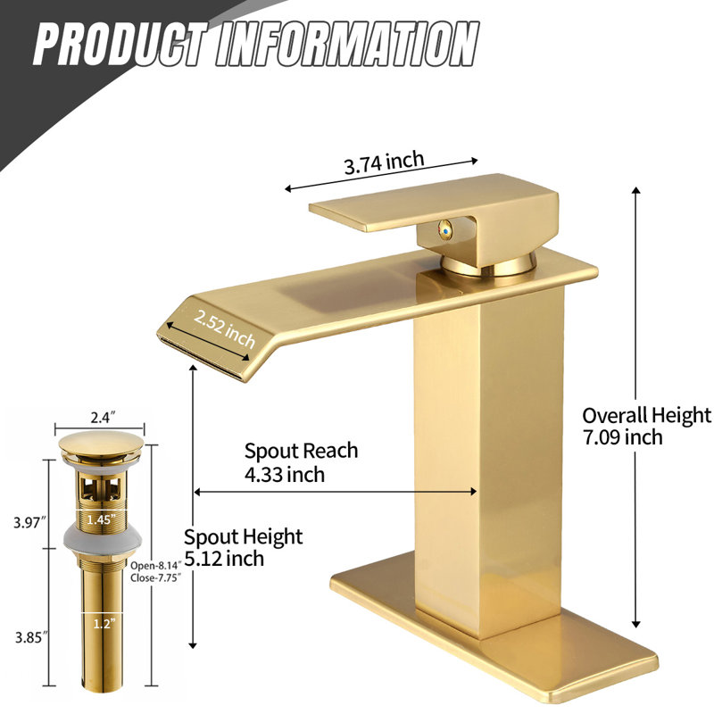 Single-Hole Single-handle Bathroom Faucet with Drain Assembly, Gold