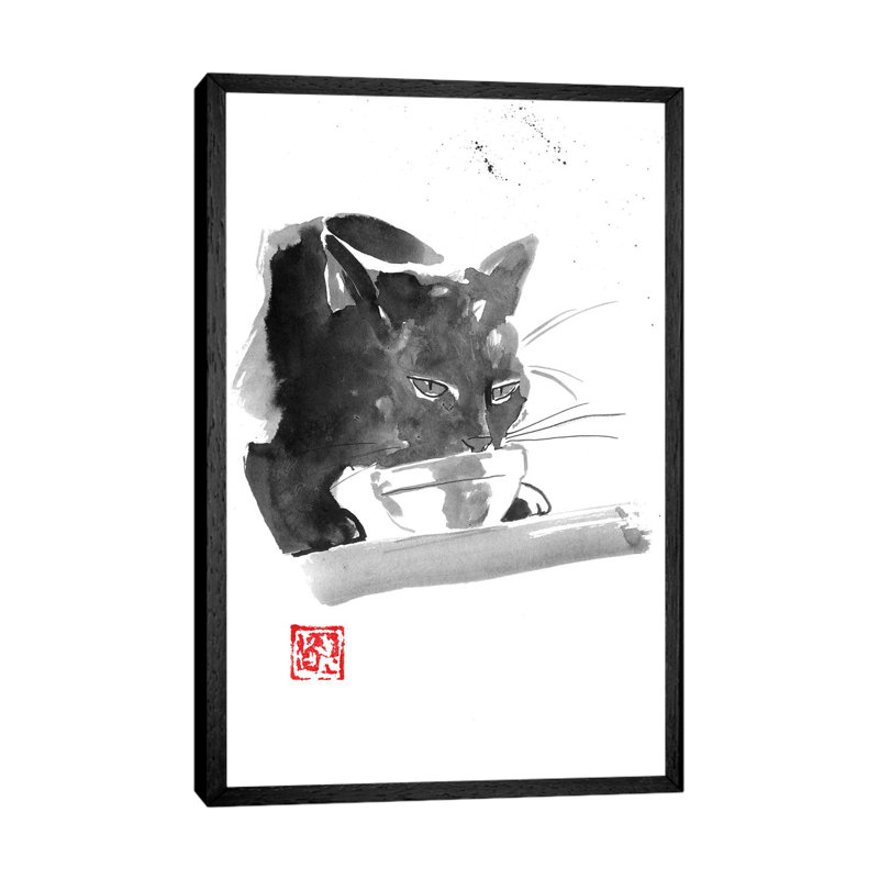 Drinking Cat 1 Piece Painting on Canvas, 66.04 cm H x 45.72 cm W, Black Framed