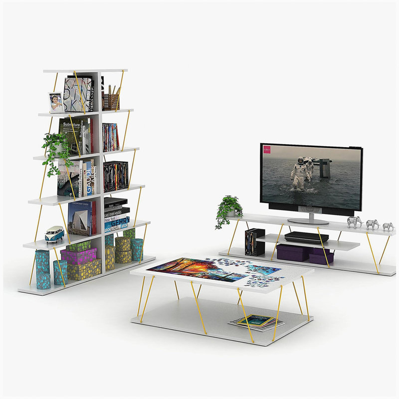 Meuble télé Mid-Century, Blanc / Doré