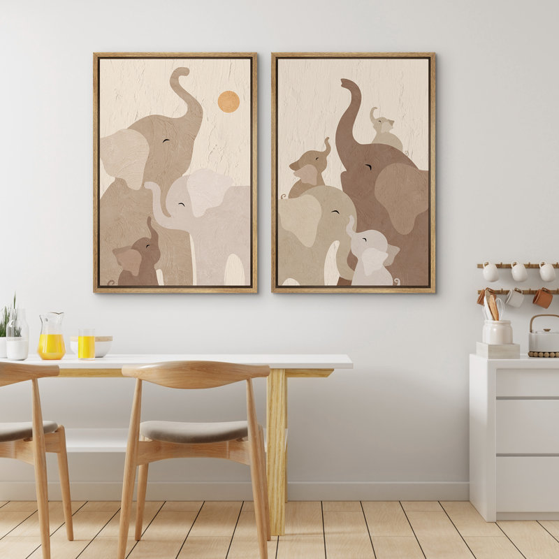 «Baby Animal Elephant Kid's Room Decor Nursery», ensemble de 2 reproductions d'art sur toile encadrées, Naturel