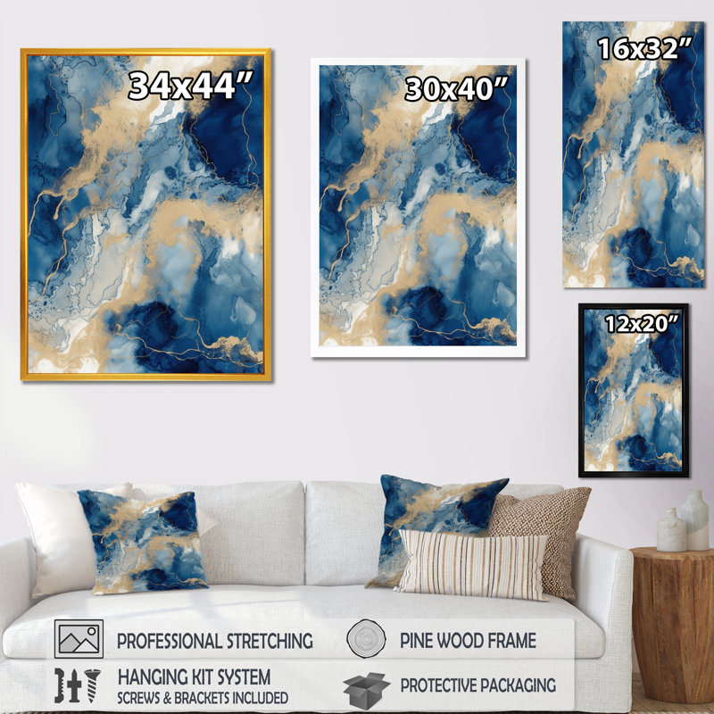 Bleu et blanc, art abstrait liquide III - Art abstrait à l'encre liquide, H 20 po x l 12 po x P 1 po, Cadre flottant noir