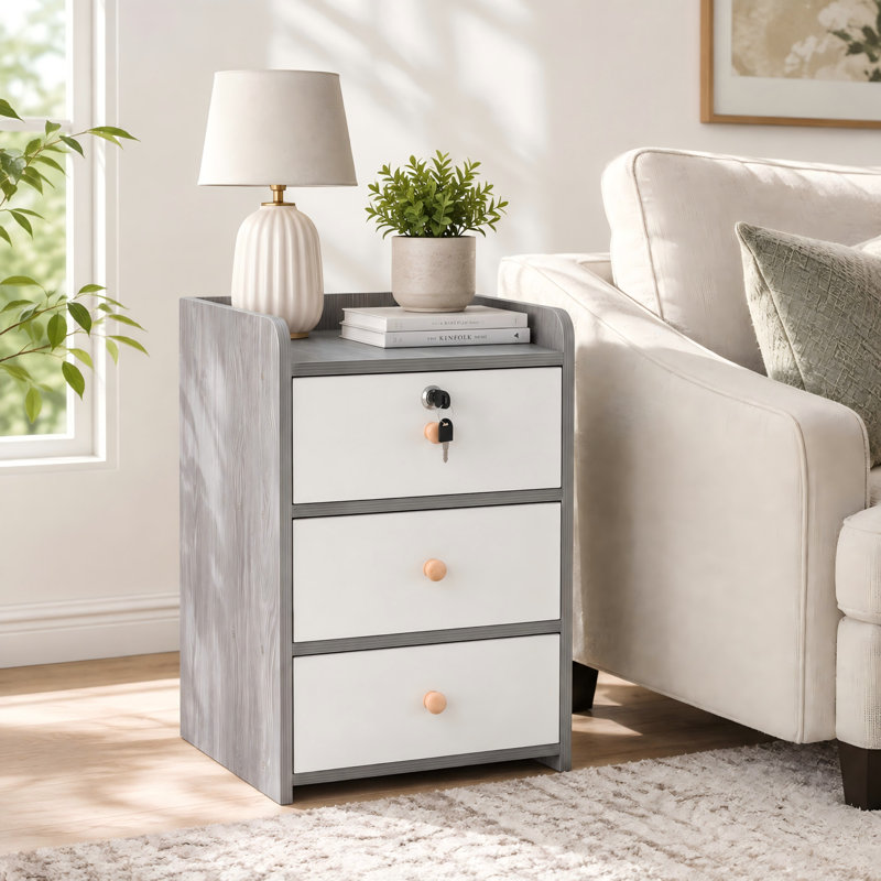 Table de chevet compacte à 3 tiroirs avec serrure à clé et rangement