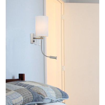 Lakewood 60W x 2 Wall Lamp with 2 LED Reading Lights, Linen Shades, Brushed Steel, 8 L x 14.5 W x 23.5 H