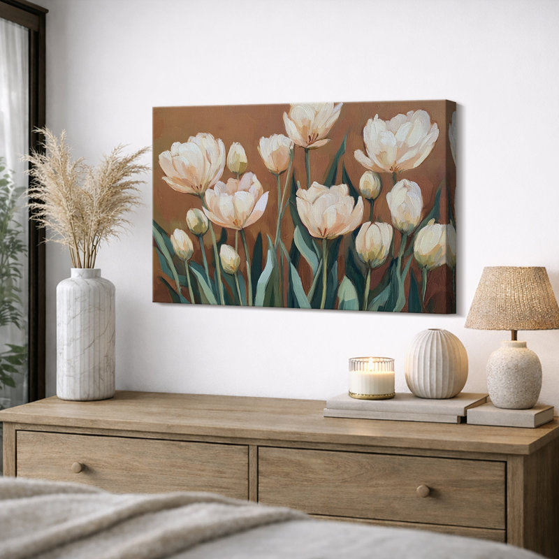 Œuvre florale de tulipe beige chaud, chambre à coucher, impression sur toile encadrée, H 24 po x l 36 po x P 1,5 po
