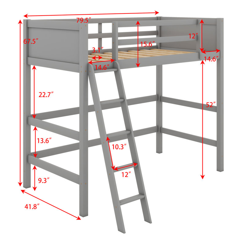 Lit mezzanine en bois massif avec échelle, Gris