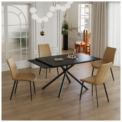 Table de salle à manger rétractable en pierre frittée - Table rectangulaire noire moderne extensible pour 6 à 8 personnes avec base en acier au carbone à pieds croisés