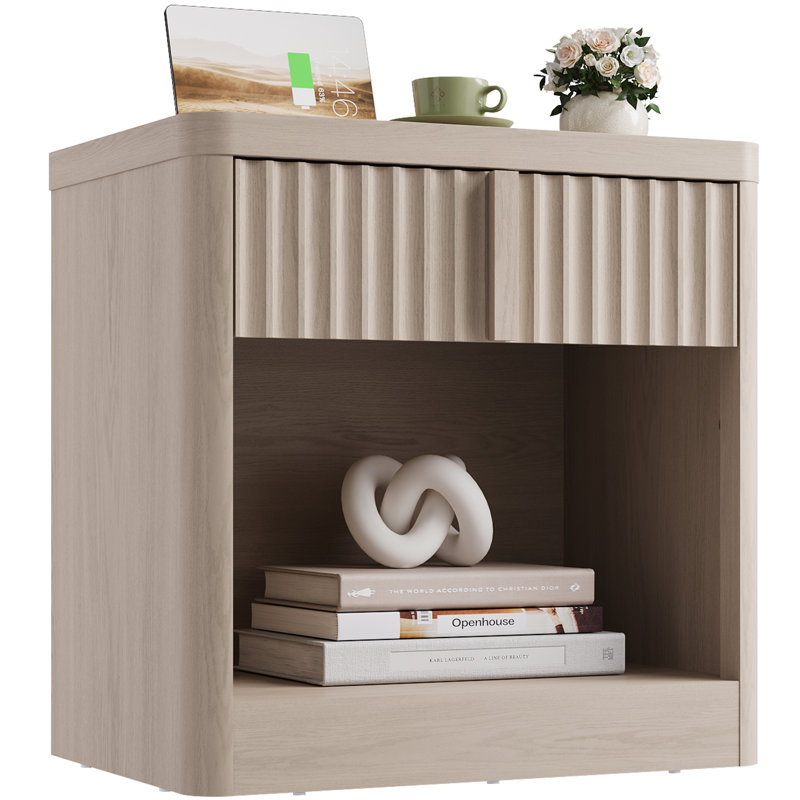 Table de chevet cannelée avec station de charge, table de bout de 23,6 po avec poignée en bois massif, profil incurvé pour chambre à coucher, salon, aulne blanc