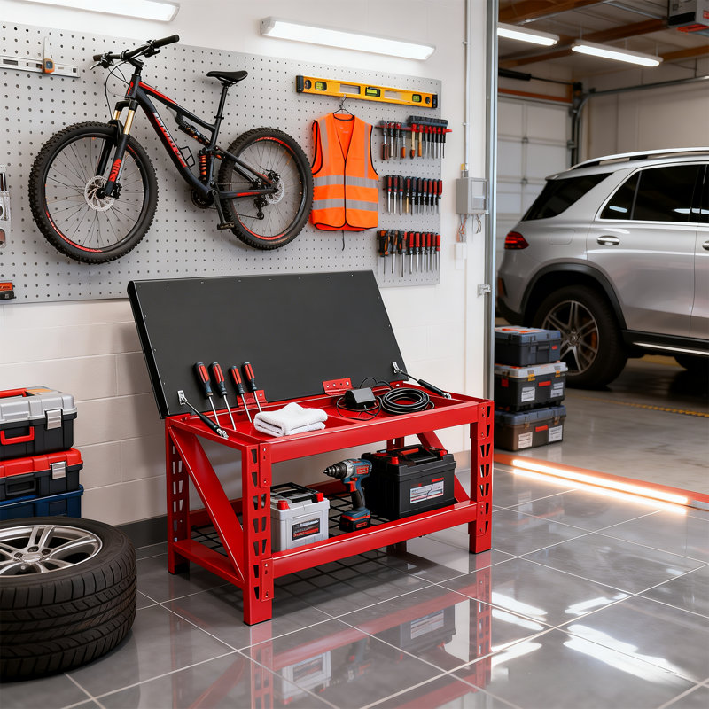 40" Garage Workbench With Flip-Up Seat Storage Sturdy Metal Bench For Workshop, Garage & Tool Organization??