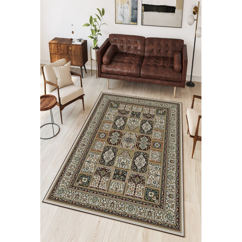Stylish Hall Carpet (3.3 x 6.6 ft), 100% Polyester, 650 g/m² | Antibacterial, Eco-Friendly & Non-Slip PVC Dot Underside | Machine Washable, Digital Printed Design in Beige, Claret Red, Green & Camel | Perfect for Home Decor