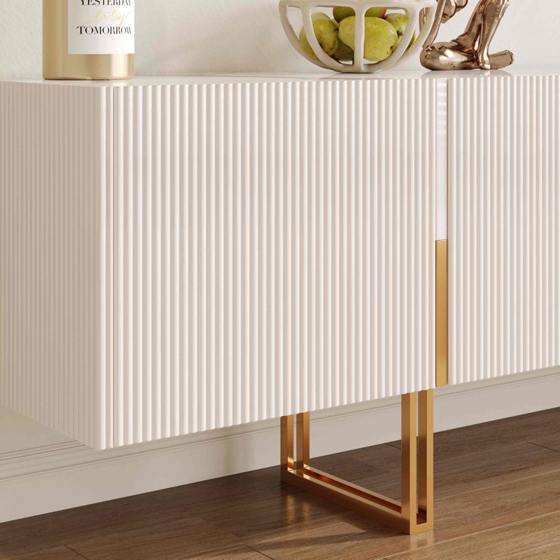 Eddyson 78.7'' Modern TV Stand with Storage Cabinet, Entertainment Center with Stainless Steel Legs, Beige/Cream/Gold