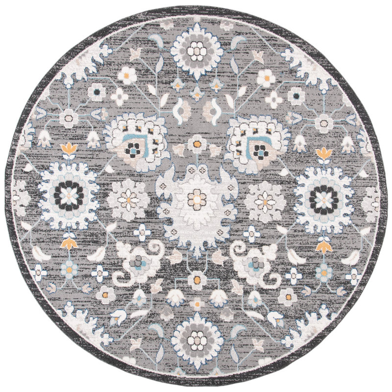 Tapis intérieur/extérieur gris foncé/ivoire oriental Slesnick, Rond 6 pi 7 po