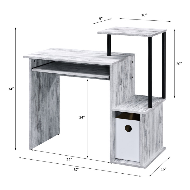 Bureau rectangulaire avec fini blanc antique et noir, plateau pour clavier et tablette d'ordinateur en panneaux de particules métalliques