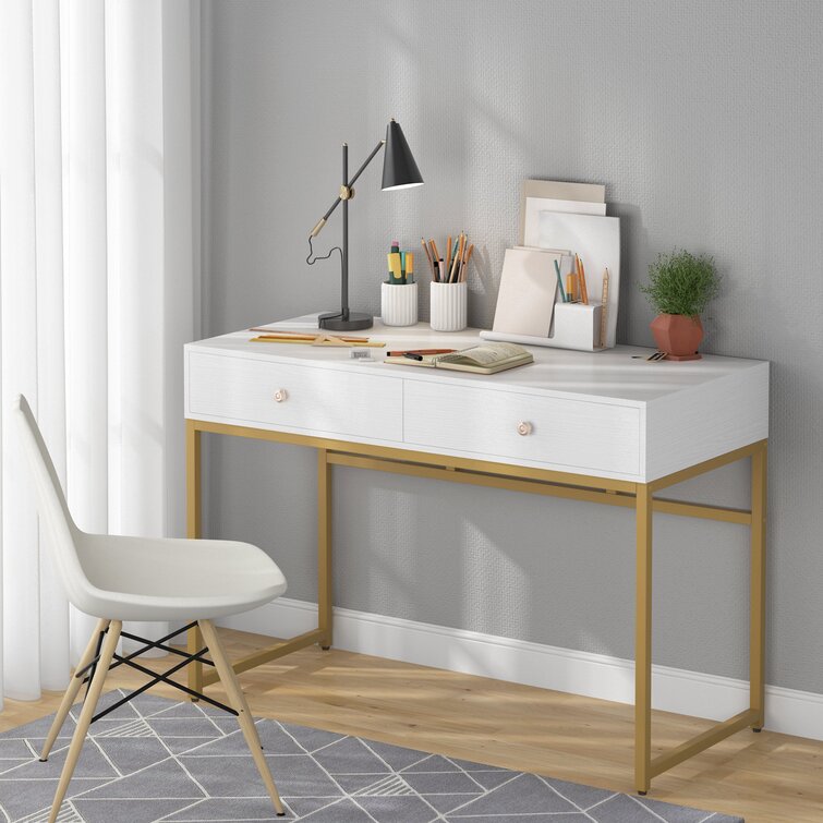 Everly Quinn 41 in Computer Desk With Two Drawers, White and Gold Modern  Study Writing Desk & Reviews