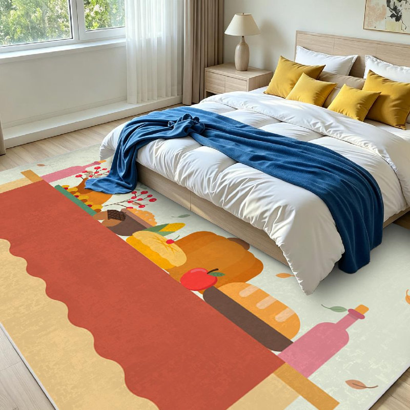 Tapis intérieur orange lavable à la machine, grand format, avec motifs de boissons et de fruits., Rectangle 79 po x 118 po