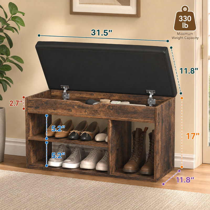 Banc de rangement brun de 31 pouces avec coussin rembourré, siège de hall d'entrée rembourré avec range-chaussures à 2 niveaux et espace de rangement