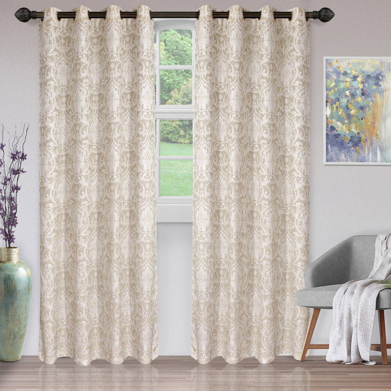 Linen Beige Damask Semi Sheer Grommet Curtain Panels