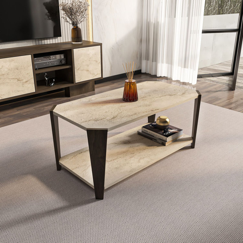 Table basse, Noyer / travertin