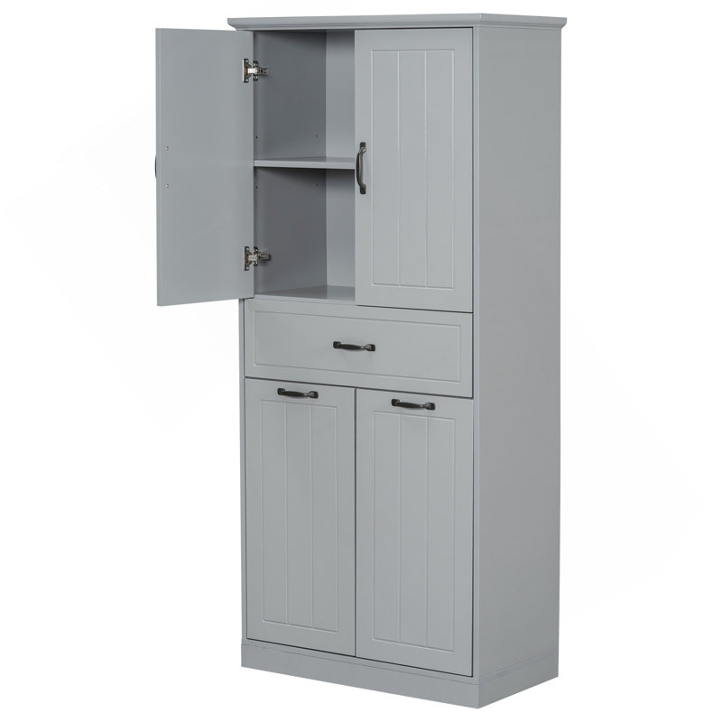 Bathroom Storage Cabinet With Two Laundry Baskets, Storage Cabinet With Doors And Drawer For Home, Grey, Gray